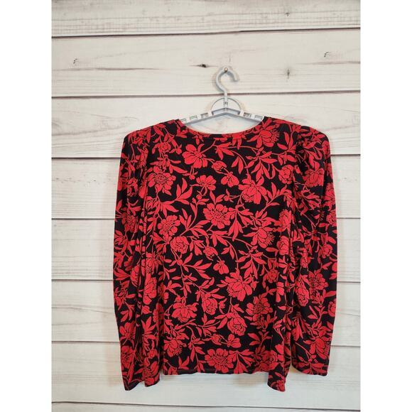 Chico's Women's Black Red Floral Stretch Long Sleeve Round Neck Blouse Size XXL - Picture 2 of 6